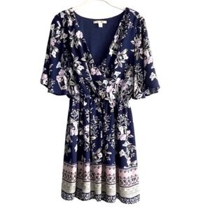 Miami Flutter Sleeve Dress Mixed Floral Crossover Top Blue Lilac Pink Size M